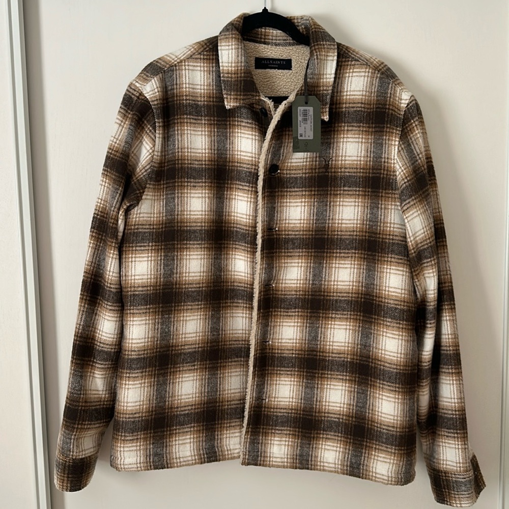 Brand AllSaints, Sherpa shirt jacket size medium color brown tan and white